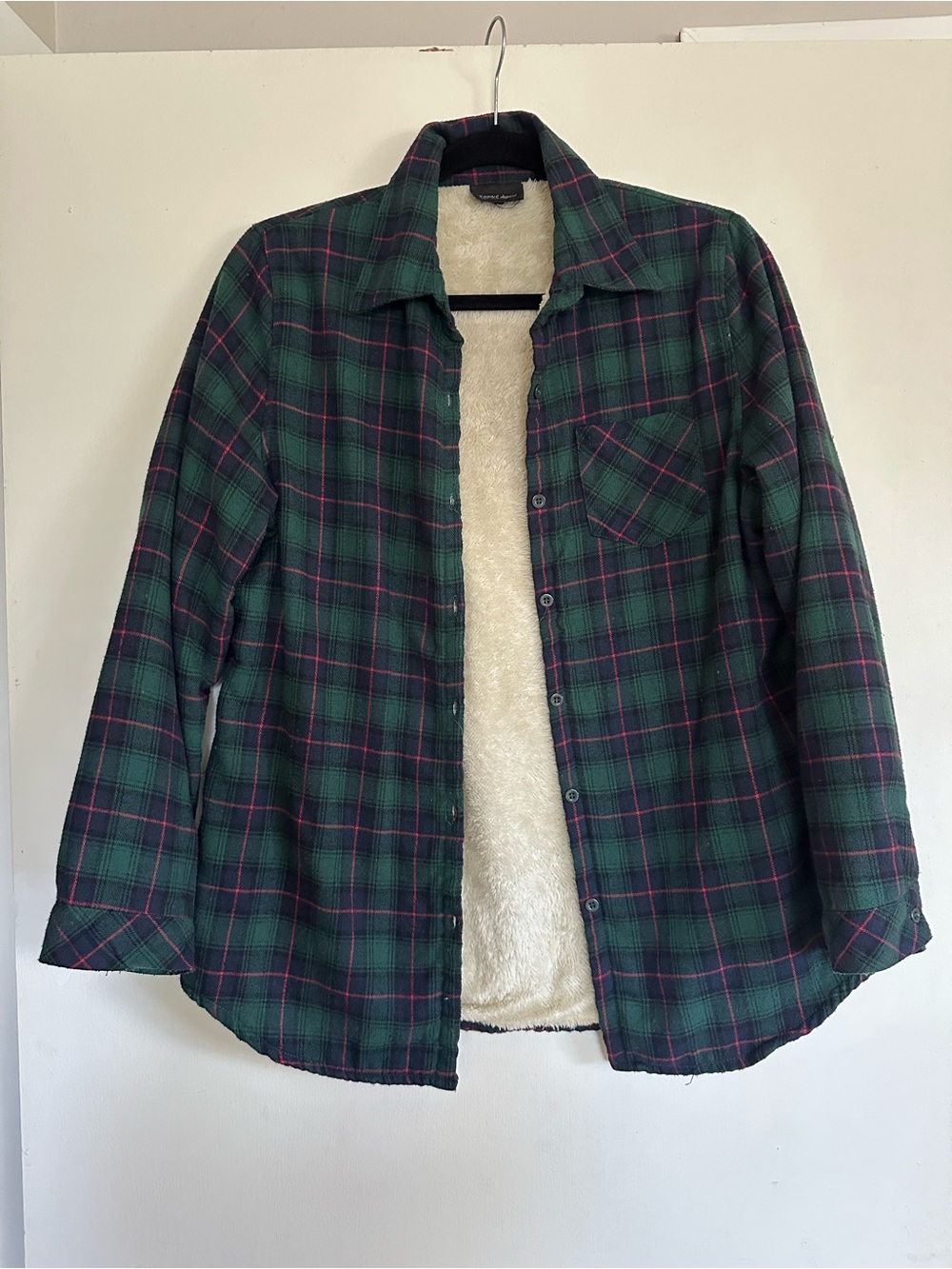 Women’s Green Plaid Sherpa-Lined Button-Up Shirt Jacket